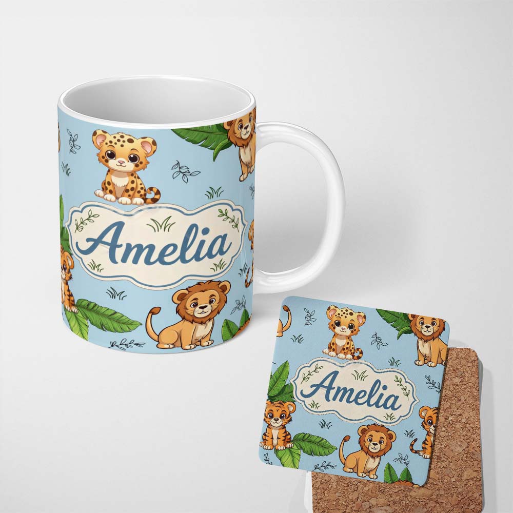 Personalized Custom Name Cute Jungle Animals Leaves Seamless Pattern Perfect Gift for Her 11oz Ceramic Coffee Tea Mug White Large Handle