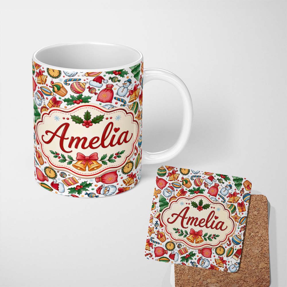 Personalized Custom Name Cute Christmas Santa Gifts Candy Snowman Seamless Pattern Lovely 11oz Ceramic Coffee Tea Mug White Large Handle