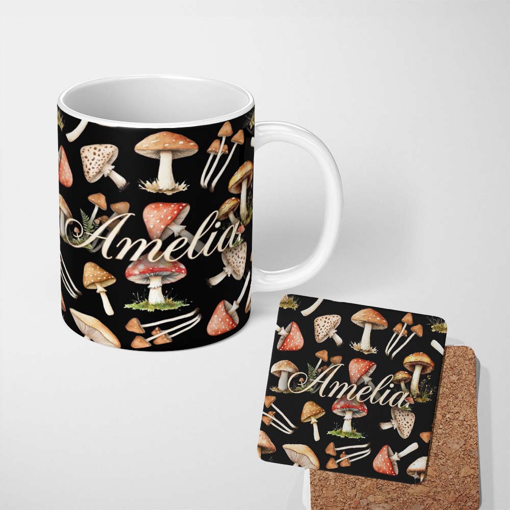 Personalized Custom Name Watercolor Woodland Mushroom Botanical Seamless Pattern Lovely 11oz Ceramic Coffee Tea Mug White Large Handle