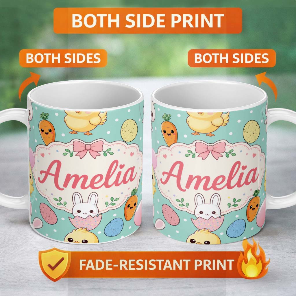 Personalized Custom Name Cute Easter Bunny Chick Carrots Eggs Polka Dot Seamless Pattern Mint 11oz Ceramic Coffee Tea Mug White Large Handle