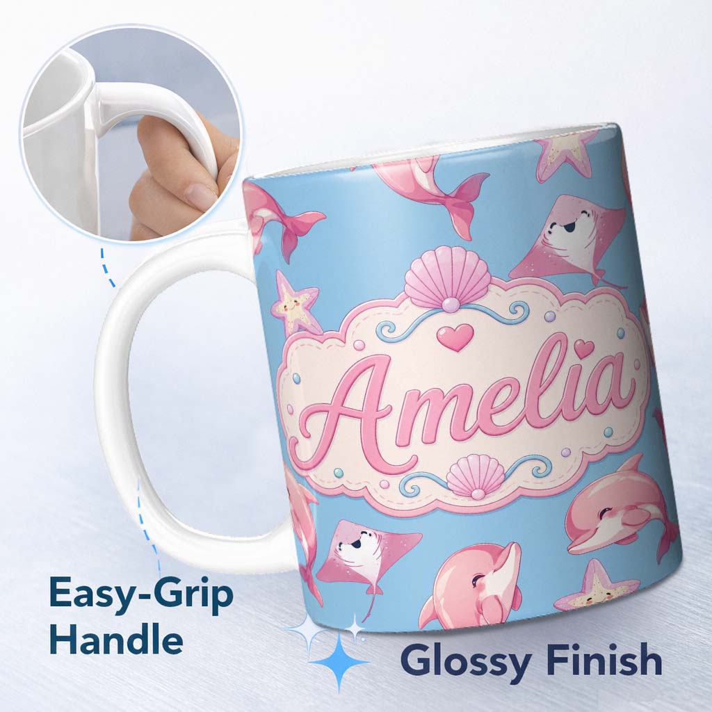 Personalized Custom Name Cute Pink Dolphin Stingray Starfish Ocean Creatures Light Blue 11oz Ceramic Coffee Tea Mug White Large Handle