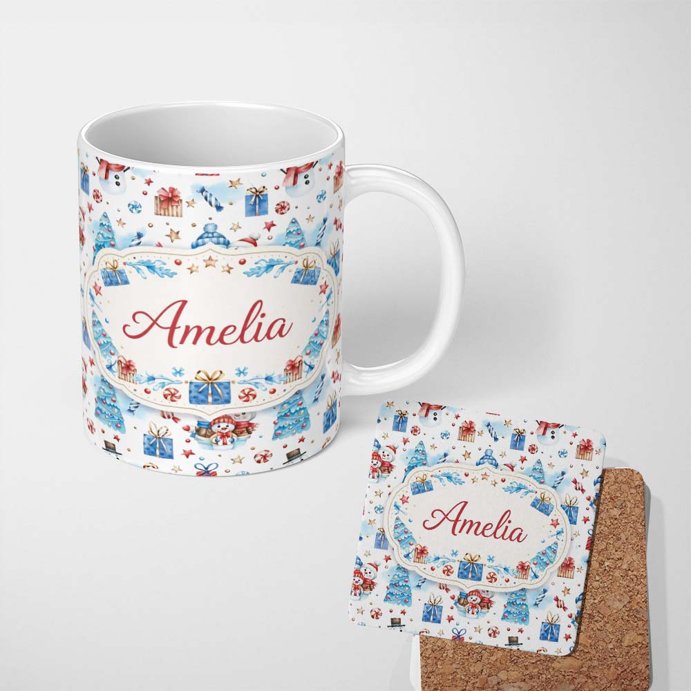 Personalized Custom Name Cute Snowman Christmas Pattern Gifts Candy Winter Seamless Design 11oz Ceramic Coffee Tea Mug White Large Handle