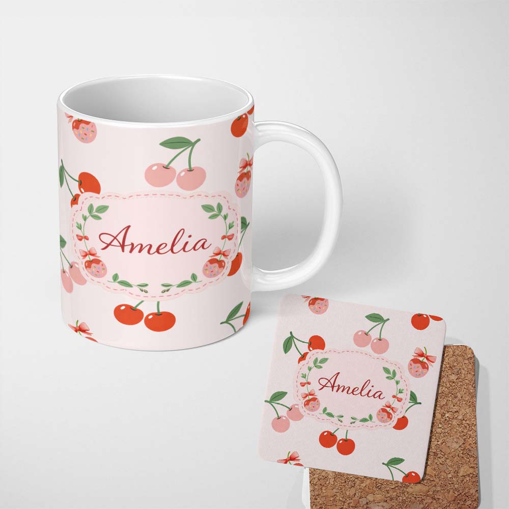 Personalized Custom Name Cute Cherry Fruit Black Background Bold Seamless Pattern Lovely 11oz Ceramic Coffee Tea Mug White Large Handle