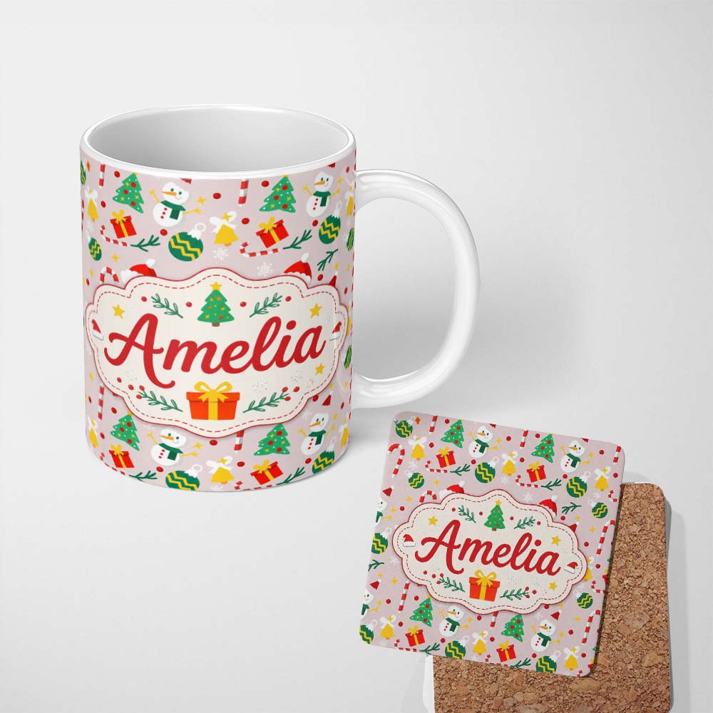 Personalized Custom Name Cute Snowman Christmas Tree Bauble Gift Seamless Pattern Lovely 11oz Ceramic Coffee Tea Mug White Large Handle