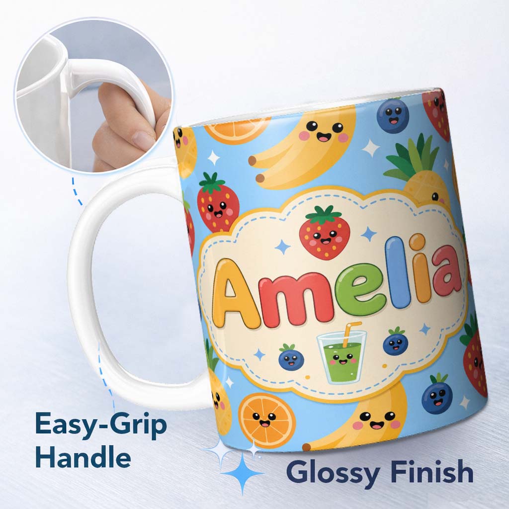 Personalized Custom Name Cute Kawaii Fruits Juice Drink Strawberry Banana Orange Seamless 11oz Ceramic Coffee Tea Mug White Large Handle
