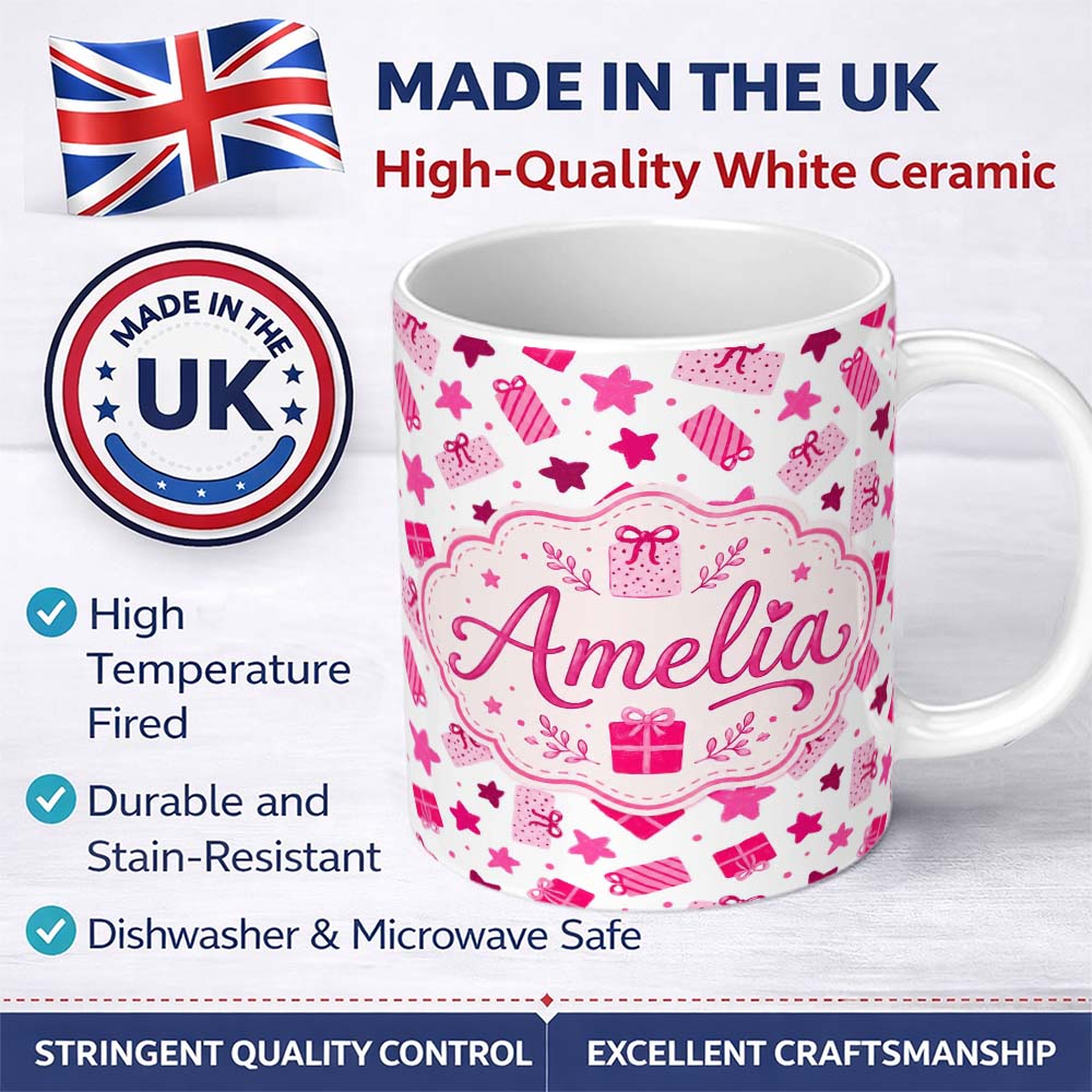 Personalized Custom Name Cute Pink Gift Boxes Stars Festive Christmas Seamless Pattern Lovely 11oz Ceramic Coffee Tea Mug White Large Handle