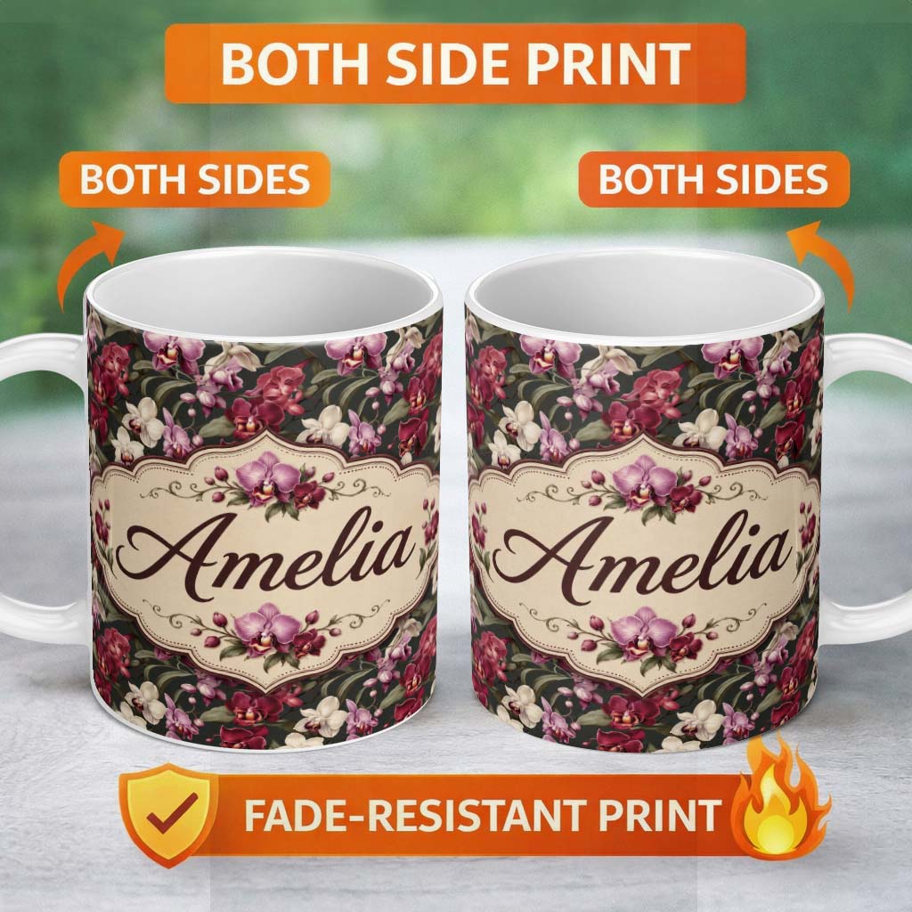 Personalized Custom Name Deep Red and Blush Orchid Floral Pattern on Dark Green Background 11oz Ceramic Coffee Tea Mug White Large Handle