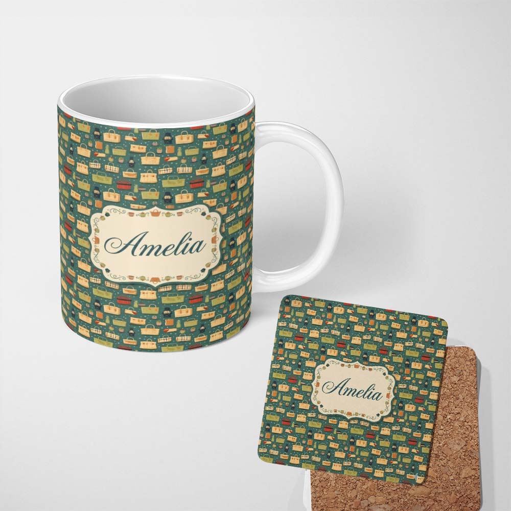 Personalized Custom Name Cute Picnic Baskets and Camping Items Dark Green Seamless Pattern 11oz Ceramic Coffee Tea Mug White Large Handle