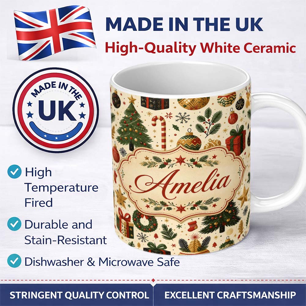 Personalized Custom Name Vintage Christmas Trees Gifts Baubles Candy Cane Festive Seamless 11oz Ceramic Coffee Tea Mug White Large Handle