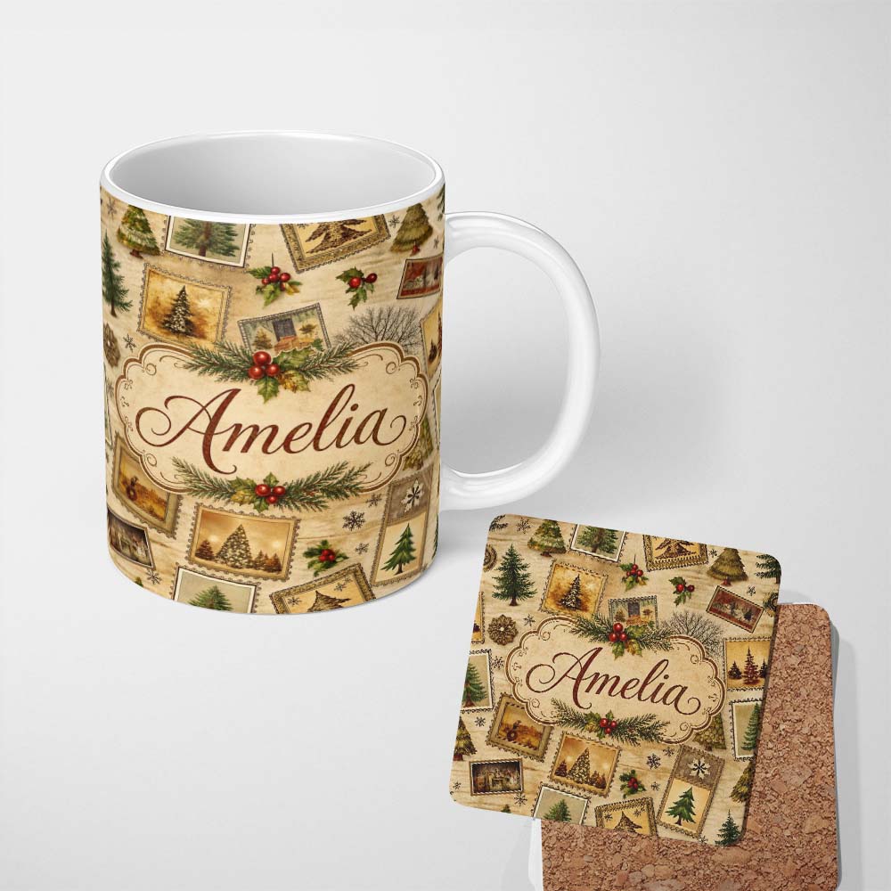 Personalized Custom Name Vintage Christmas Tree Postcard Collage Rustic Festive Seamless 11oz Ceramic Coffee Tea Mug White Large Handle