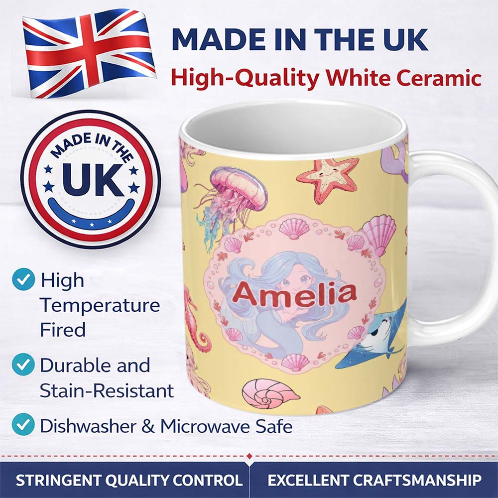 Personalized Custom Name Cute Blue Mermaid Jellyfish Seahorse and Ocean Creatures Soft Yellow 11oz Ceramic Coffee Tea Mug White Large Handle