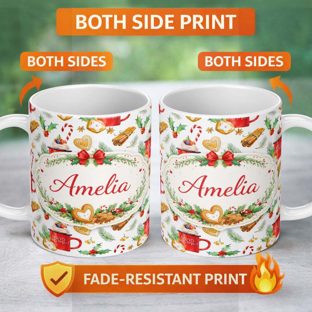 Personalized Custom Name Christmas Mug Candy Cane Gingerbread Festive Pattern Seamless Design 11oz Ceramic Coffee Tea Mug White Large Handle