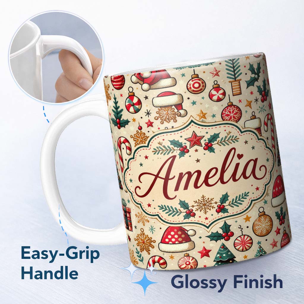 Personalized Custom Name Christmas Tree Candy Cane Baubles Seamless Pattern Festive Holiday 11oz Ceramic Coffee Tea Mug White Large Handle