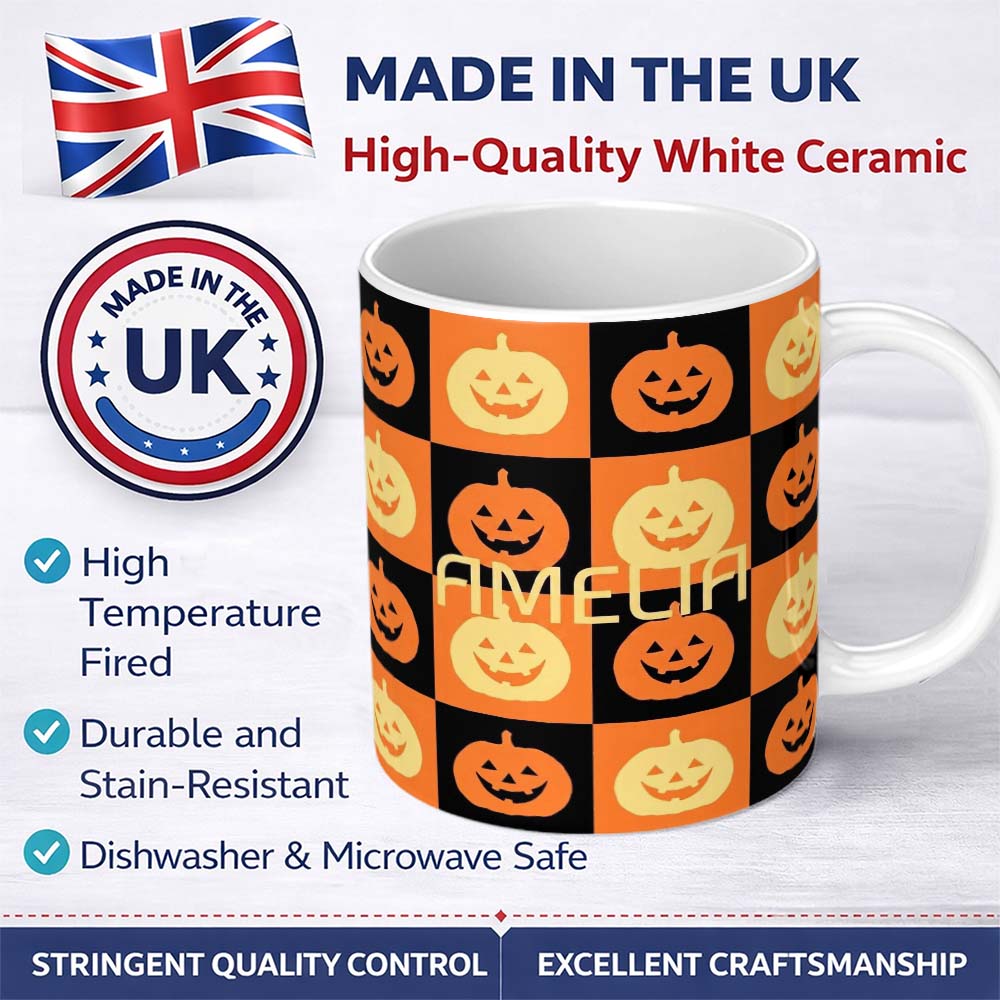 Personalized Custom Name Halloween Pumpkin Faces Orange and Black Checkerboard Seamless 11oz Ceramic Coffee Tea Mug White Large Handle