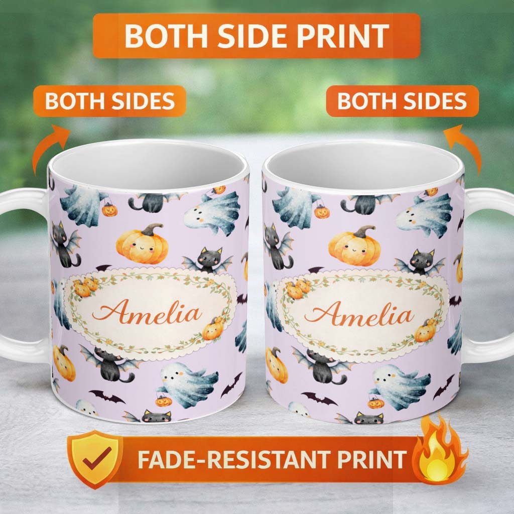 Personalized Custom Name Halloween Ghost Pumpkin Cat Seamless Pattern Lavender Cute Spooky 11oz Ceramic Coffee Tea Mug White Large Handle