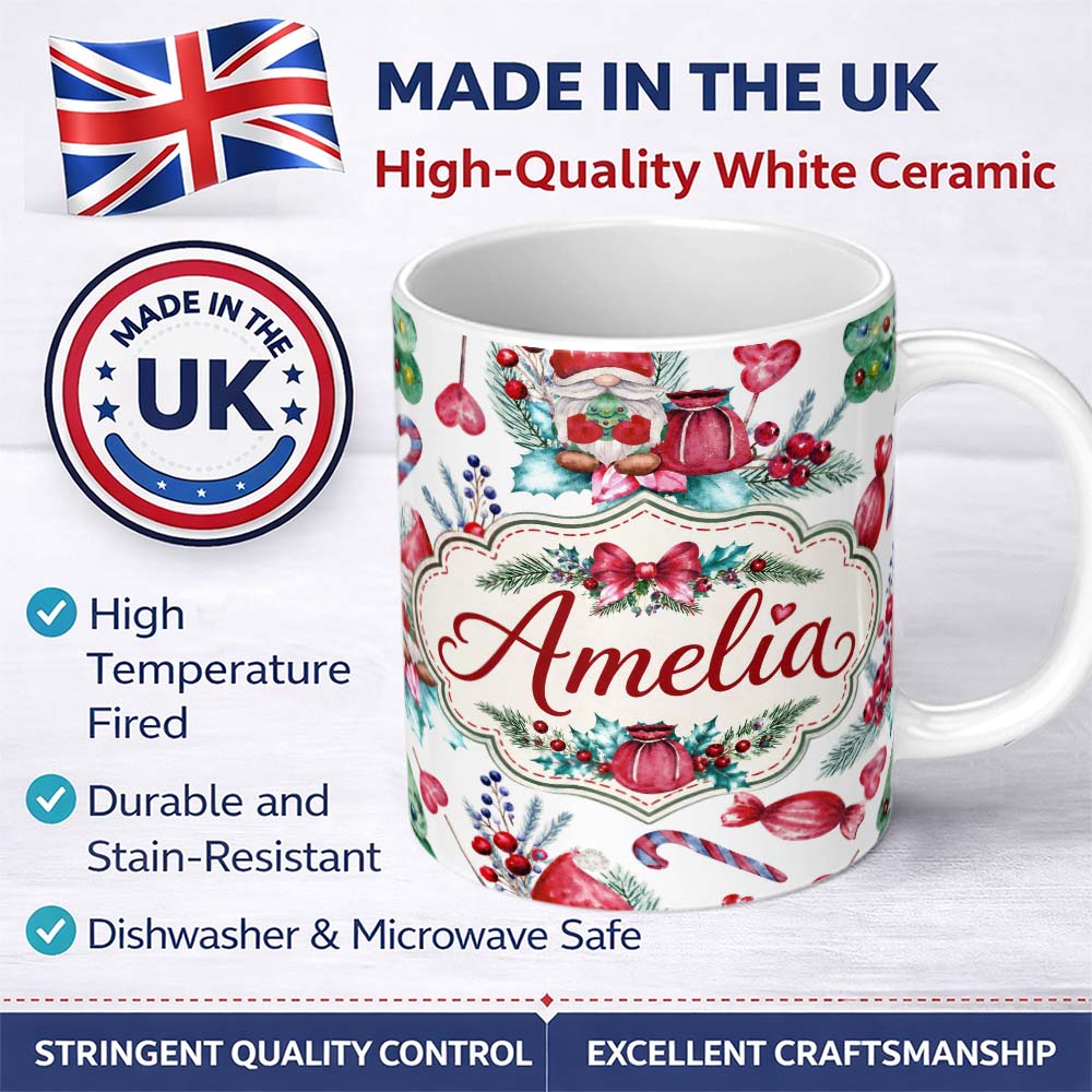 Personalized Custom Name Watercolor Christmas Gnome Candy Cane Tree Hearts Festive Seamless 11oz Ceramic Coffee Tea Mug White Large Handle