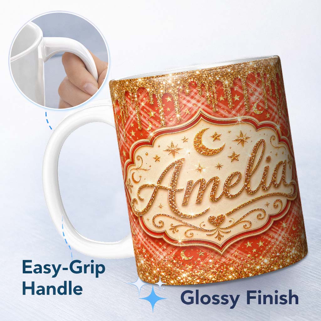 Personalized Custom Name Gold Glitter Drip Red Plaid Star Seamless Pattern Design Festive 11oz Ceramic Coffee Tea Mug White Large Handle