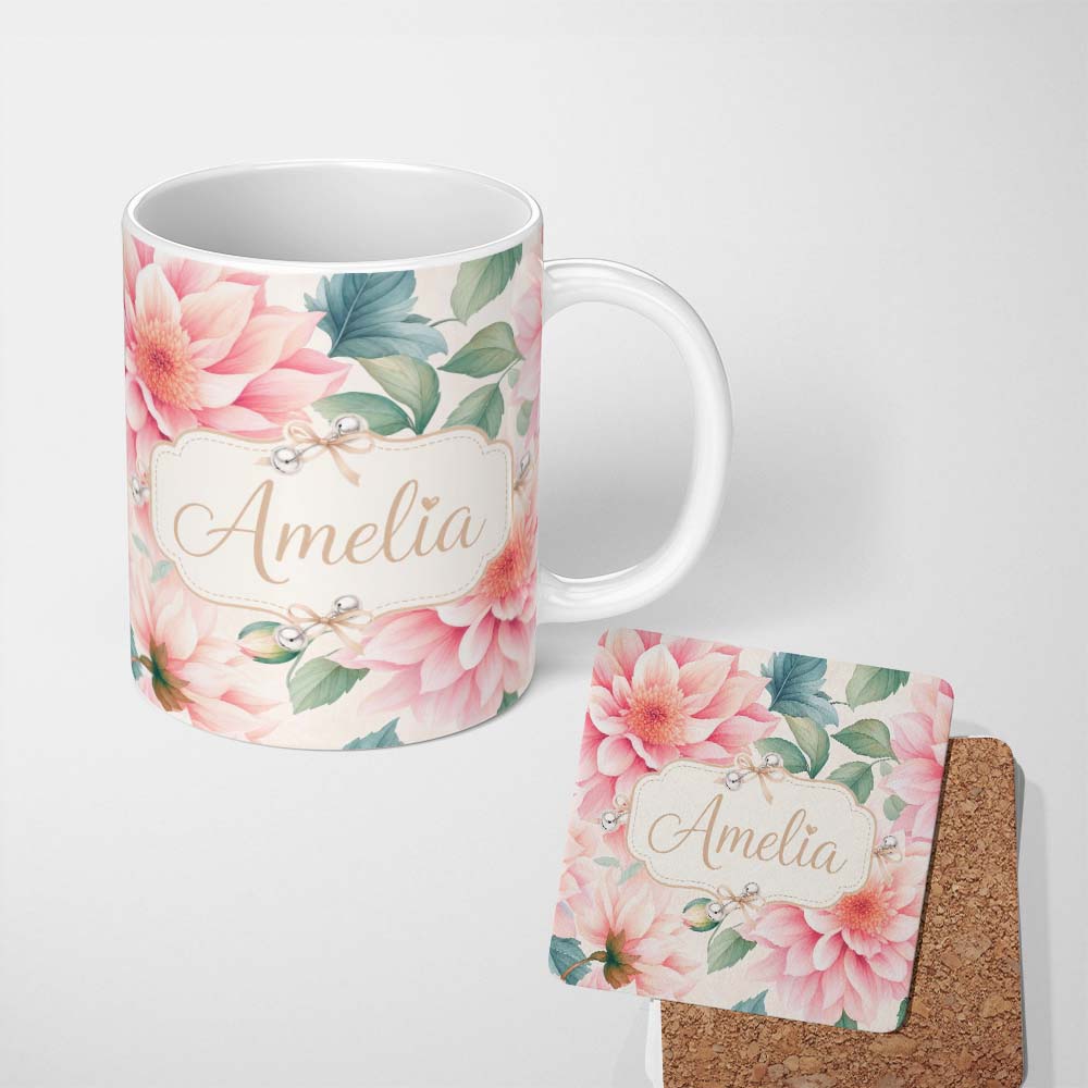 Personalized Custom Name Watercolor Pink Peony Floral Botanical Seamless Pattern Lovely 11oz Ceramic Coffee Tea Mug White Large Handle