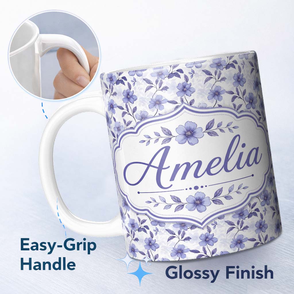 Personalized Custom Name Soft Purple Wildflower Botanical Seamless Pattern Cute Unique Gift 11oz Ceramic Coffee Tea Mug White Large Handle