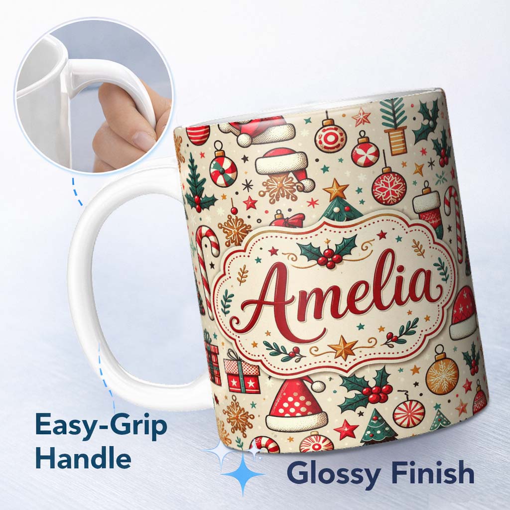 Personalized Custom Name Cute Christmas Tree Santa Hat Stocking Candy Cane Seamless Pattern 11oz Ceramic Coffee Tea Mug White Large Handle