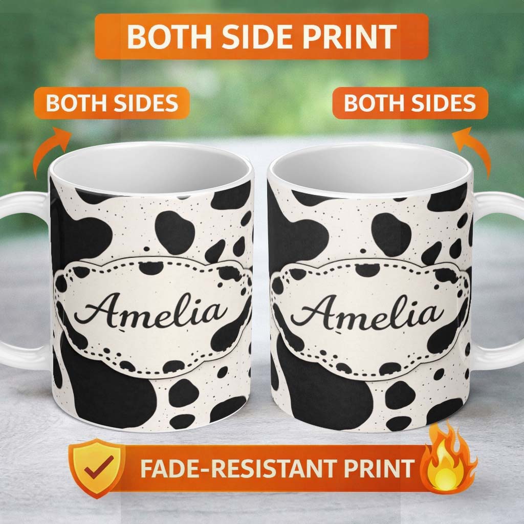 Personalized Custom Name Speckled Organic Shapes Black Cream Abstract Spot Pattern Lovely 11oz Ceramic Coffee Tea Mug White Large Handle