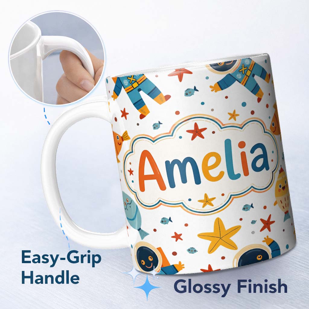 Personalized Custom Name Cute Astronaut Fish Starfish Seamless Pattern Cute Unique Gift 11oz Ceramic Coffee Tea Mug White Large Handle