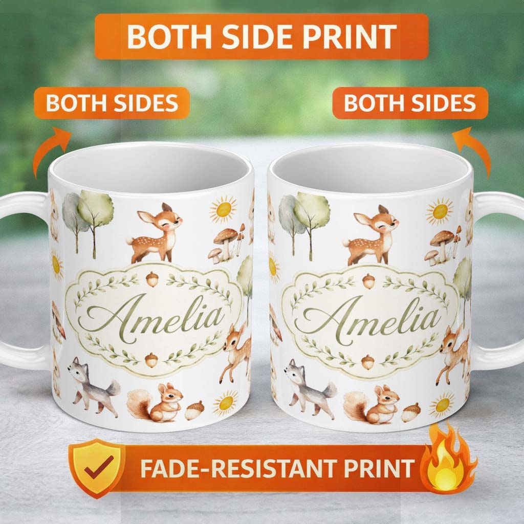 Personalized Custom Name Cute Woodland Forest Animals Bear Bunny Deer Seamless on Blue Lovely 11oz Ceramic Coffee Tea Mug White Large Handle