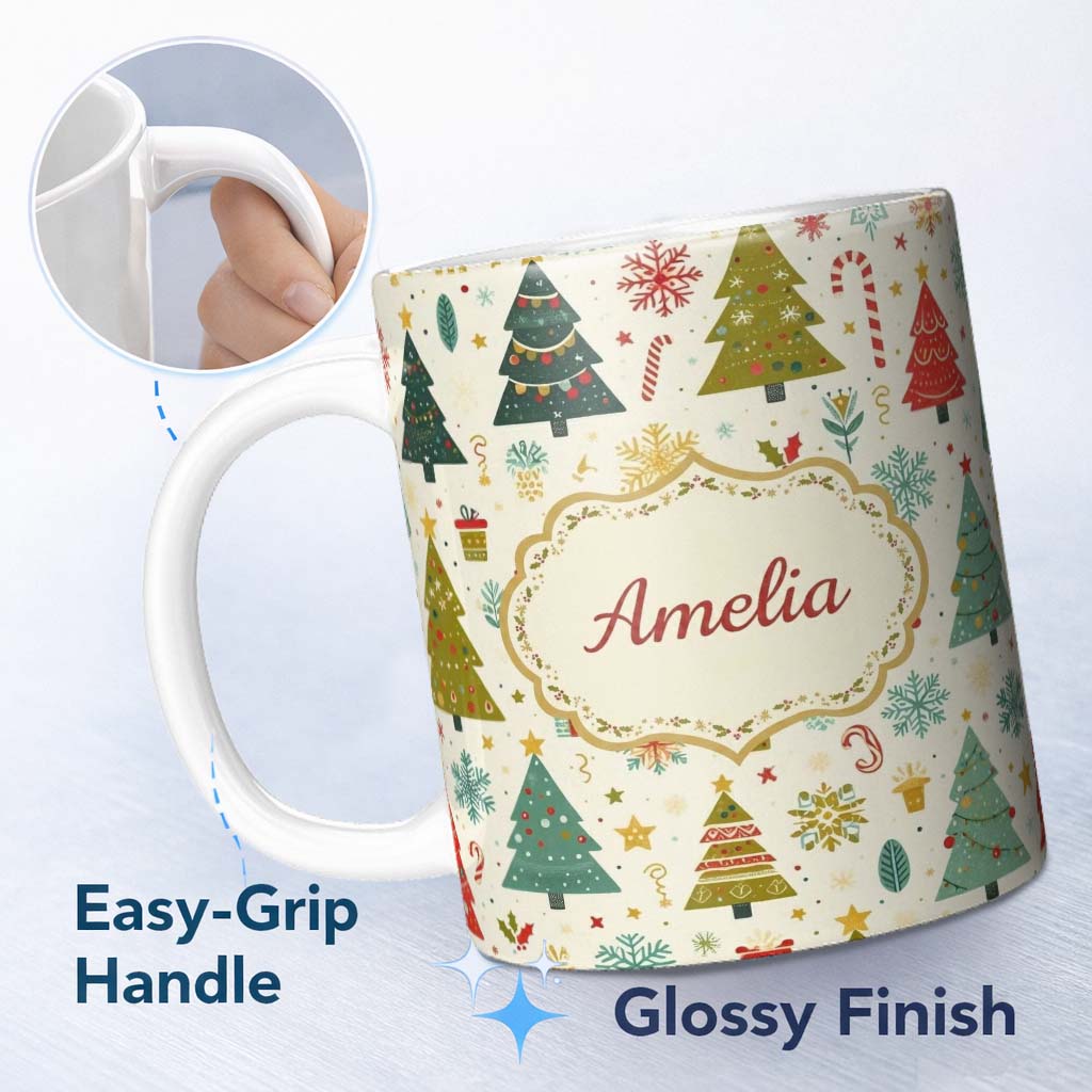 Personalized Custom Name Whimsical Christmas Trees Candy Canes Snowflakes Holiday Seamless 11oz Ceramic Coffee Tea Mug White Large Handle