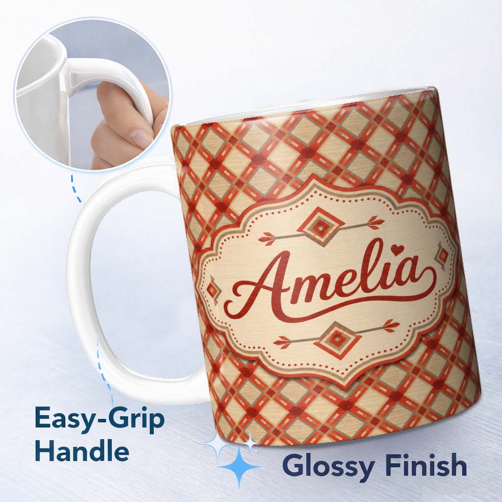 Personalized Custom Name Rust Red Geometric Diamond Lattice Pattern on Neutral Wood Texture 11oz Ceramic Coffee Tea Mug White Large Handle