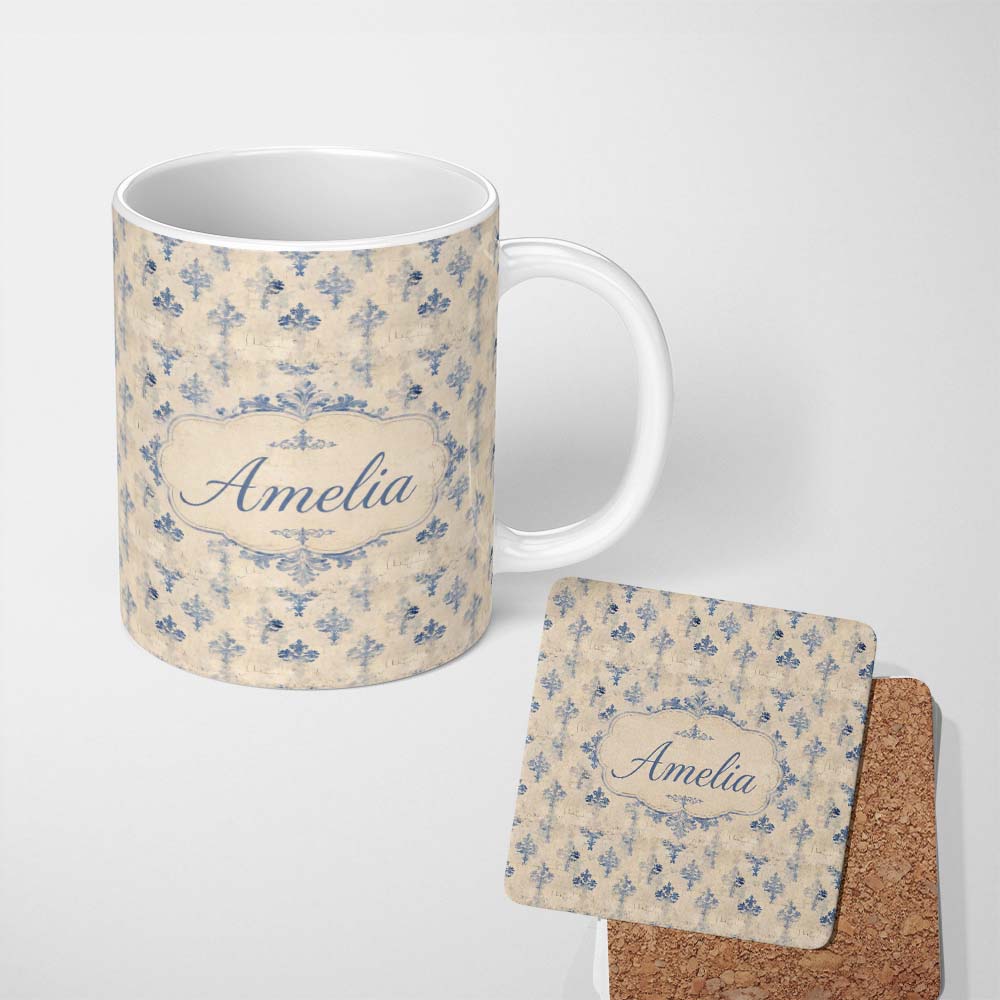 Personalized Custom Name Classic French Blue Damask Motif Repeat Pattern on Aged Beige Lovely 11oz Ceramic Coffee Tea Mug White Large Handle