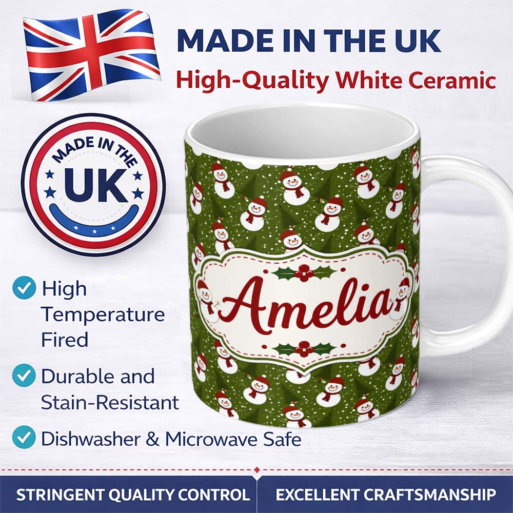 Personalized Custom Name Cute Snowman Winter Forest Snowfall Seamless Pattern Lovely 11oz Ceramic Coffee Tea Mug White Large Handle