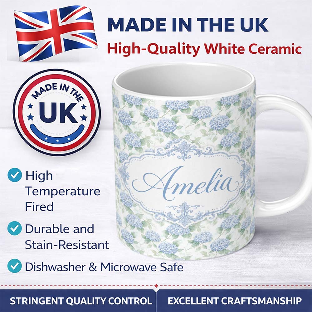 Personalized Custom Name Soft Blue Hydrangea Botanical Seamless Pattern Perfect Gift for Her 11oz Ceramic Coffee Tea Mug White Large Handle