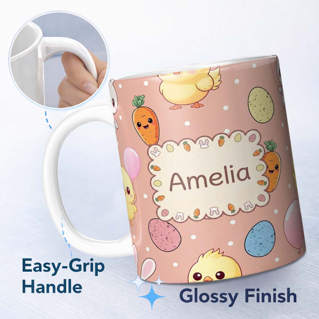 Personalized Custom Name Cute Easter Bunny Chick Carrots Eggs Polka Dot Pattern Beige Lovely 11oz Ceramic Coffee Tea Mug White Large Handle