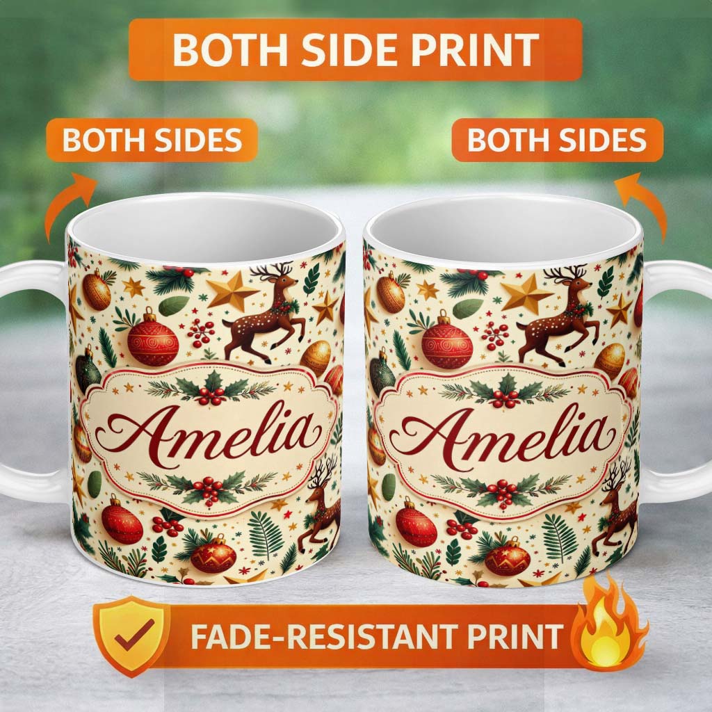 Personalized Custom Name Festive Reindeer Stars Baubles Holly Seamless Pattern Christmas 11oz Ceramic Coffee Tea Mug White Large Handle