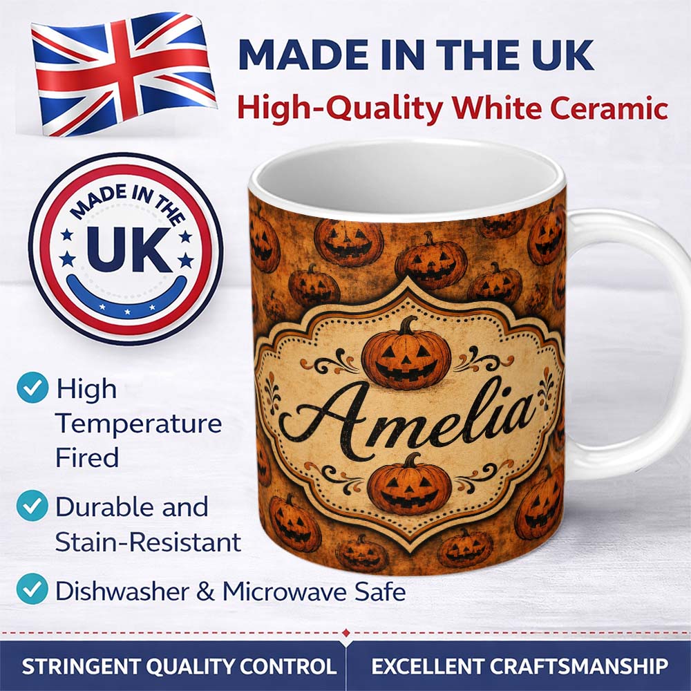 Personalized Custom Name Vintage Halloween Jack O Lantern Pumpkin Pattern on Distressed 11oz Ceramic Coffee Tea Mug White Large Handle