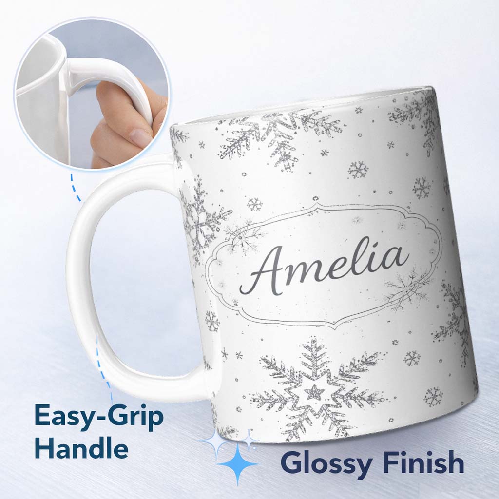 Personalized Custom Name Black Snowflake Sketch Pattern on White Seamless Cute Unique Gift 11oz Ceramic Coffee Tea Mug White Large Handle