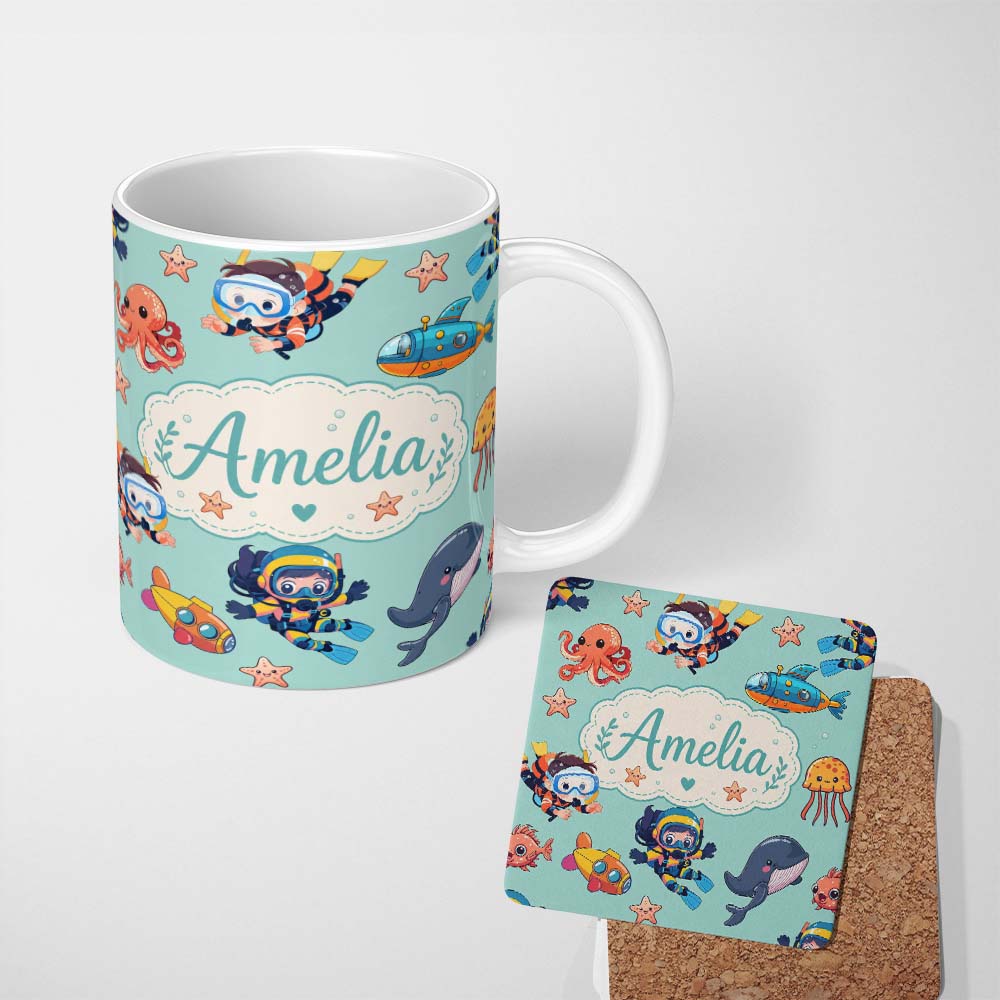 Personalized Custom Name Underwater with Scuba Divers Starfish and Whale on Seafoam Green 11oz Ceramic Coffee Tea Mug White Large Handle