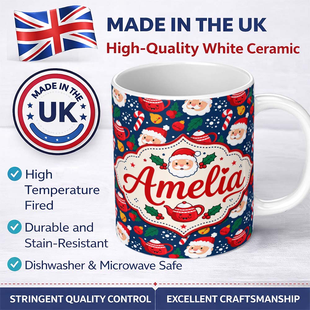 Personalized Custom Name Cute Santa Teapot Candy Cane Holly Seamless Pattern Festive Holiday 11oz Ceramic Coffee Tea Mug White Large Handle