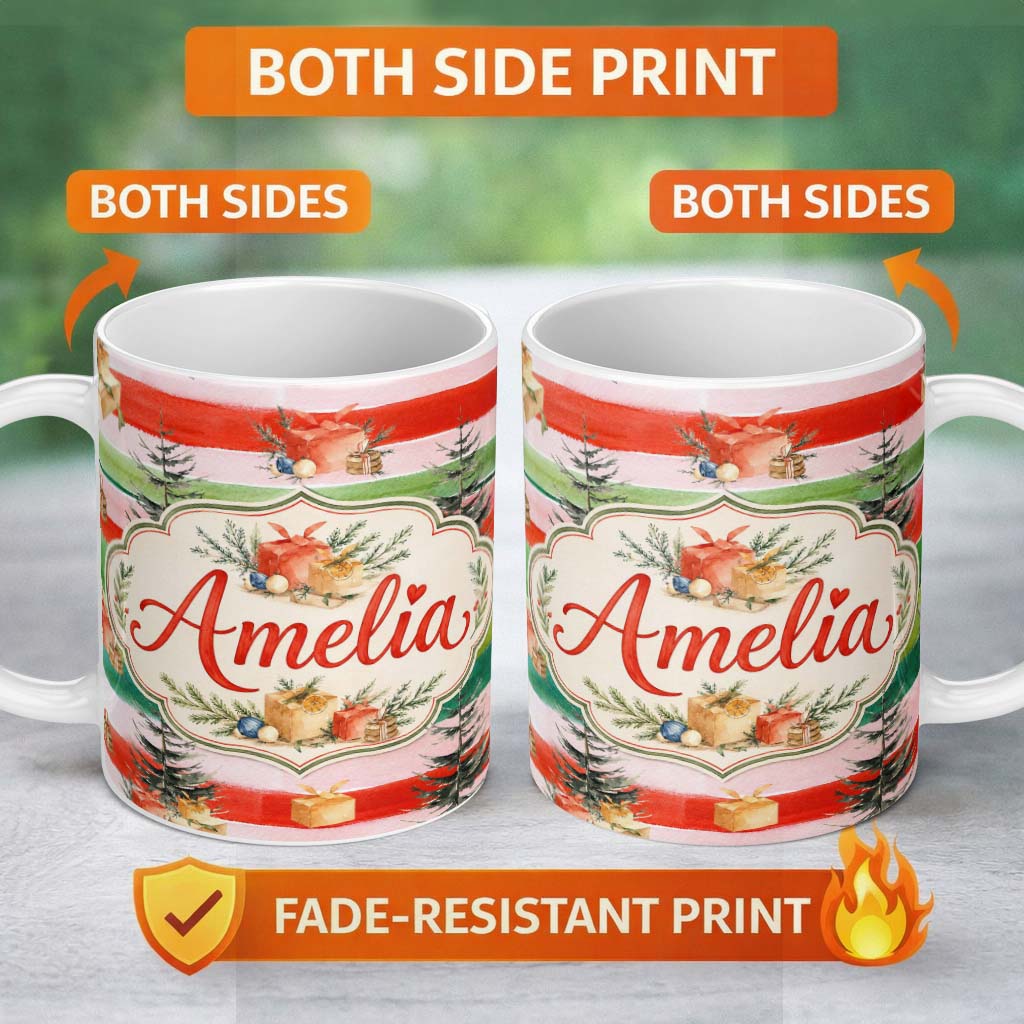 Personalized Custom Name Watercolor Christmas Gift Boxes Pine Trees Striped Holiday Seamless 11oz Ceramic Coffee Tea Mug White Large Handle