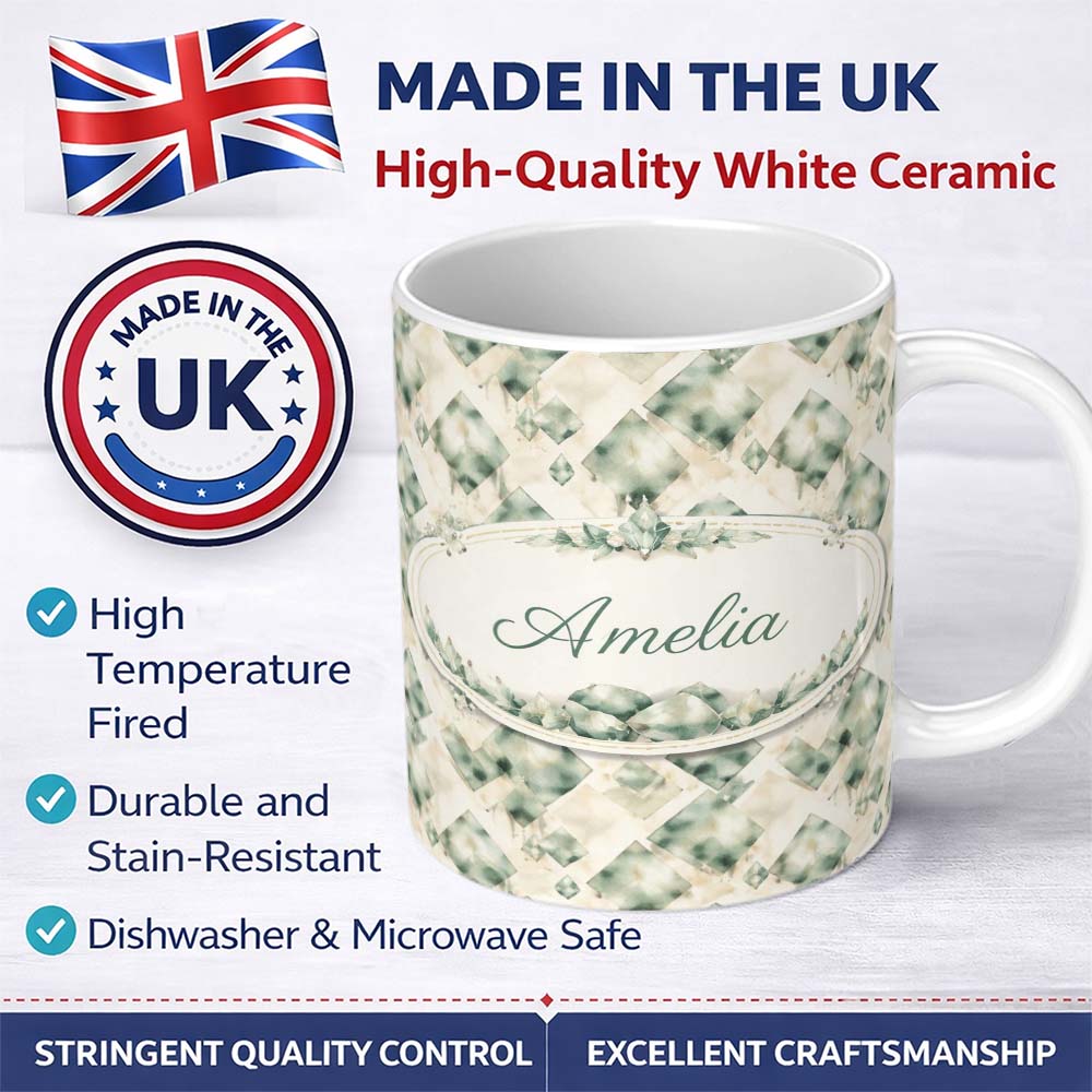 Personalized Custom Name Watercolor Crystal Gemstone Soft Beige Background Mineral Lovely 11oz Ceramic Coffee Tea Mug White Large Handle