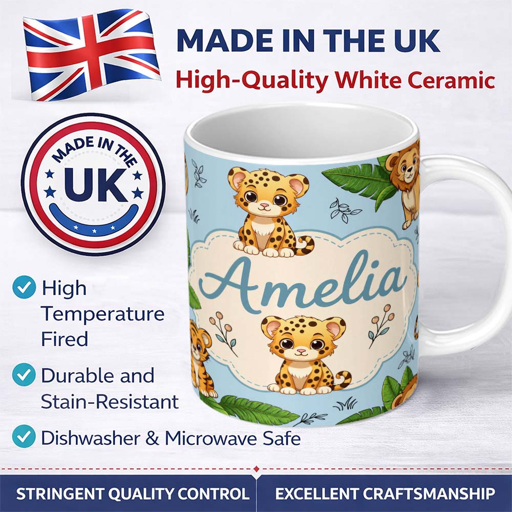 Personalized Custom Name Cute Jungle Animals Lion Tiger Leopard Tropical Leaves Pattern Blue 11oz Ceramic Coffee Tea Mug White Large Handle