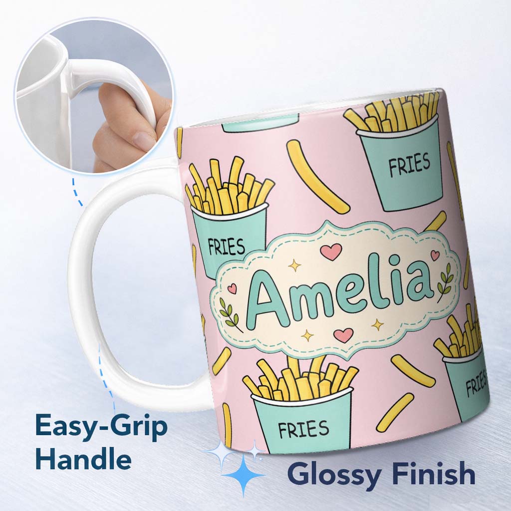 Personalized Custom Name Cute French Fries Cartoon Snack Seamless Pattern Teal Cups Pink 11oz Ceramic Coffee Tea Mug White Large Handle