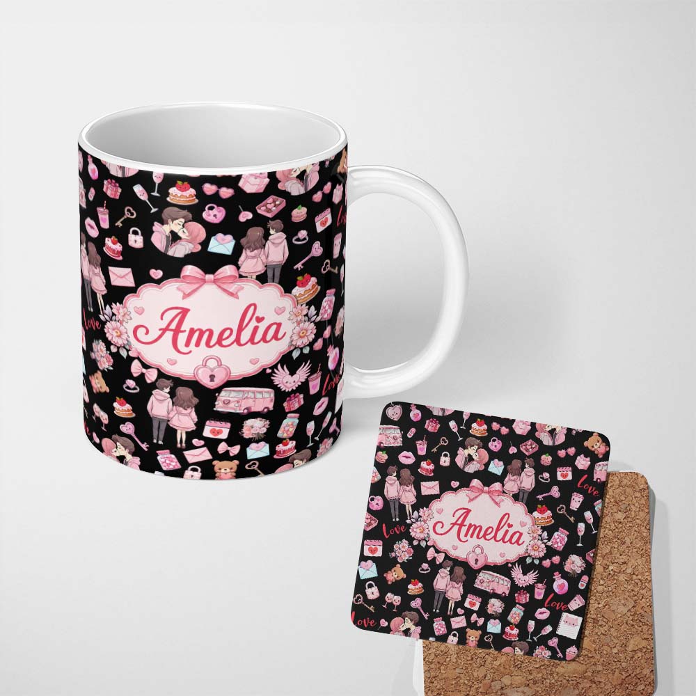Personalized Custom Name Cute Love Couple Gifts Cakes Teddy Bear Seamless Pattern Black 11oz Ceramic Coffee Tea Mug White Large Handle