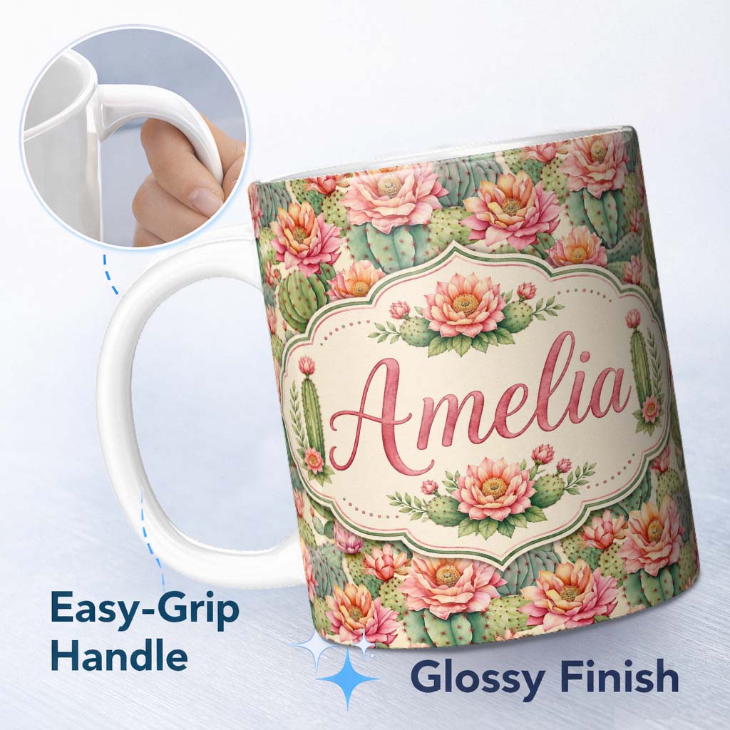 Personalized Custom Name Soft Vintage Cactus Flower Garden Botanical Seamless Pattern Design 11oz Ceramic Coffee Tea Mug White Large Handle