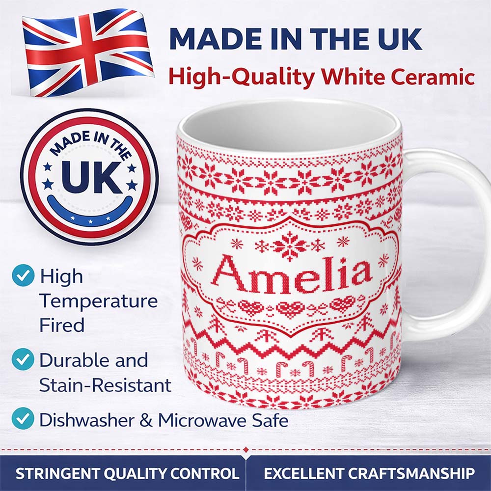 Personalized Custom Name Scandinavian Red Nordic Knit Snowflake Pattern Seamless Pattern 11oz Ceramic Coffee Tea Mug White Large Handle