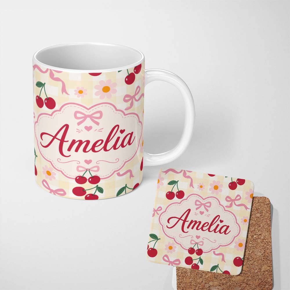 Personalized Custom Name Cute Cherry and Daisy Flowers with Pink Ribbon Bows Yellow Gingham 11oz Ceramic Coffee Tea Mug White Large Handle