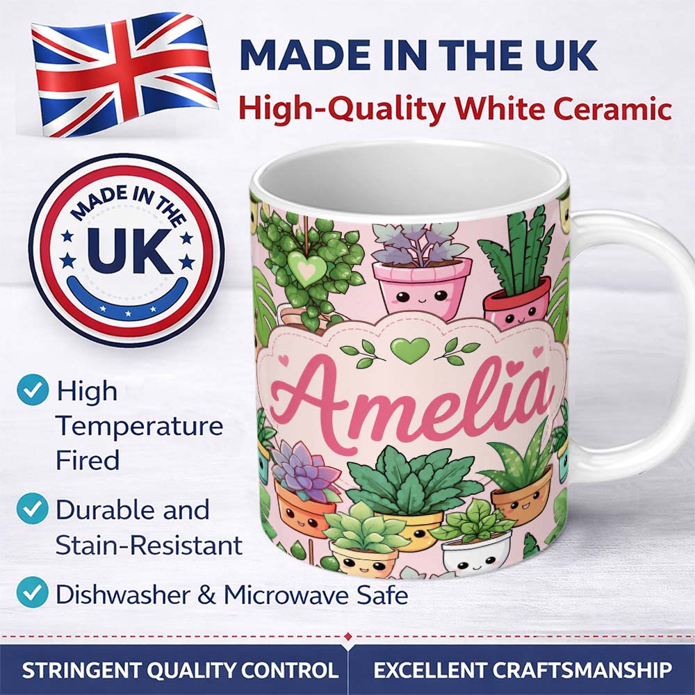 Personalized Custom Name Cute Kawaii Smiling Plant Pots Succulents Leaves Pattern Blush 11oz Ceramic Coffee Tea Mug White Large Handle