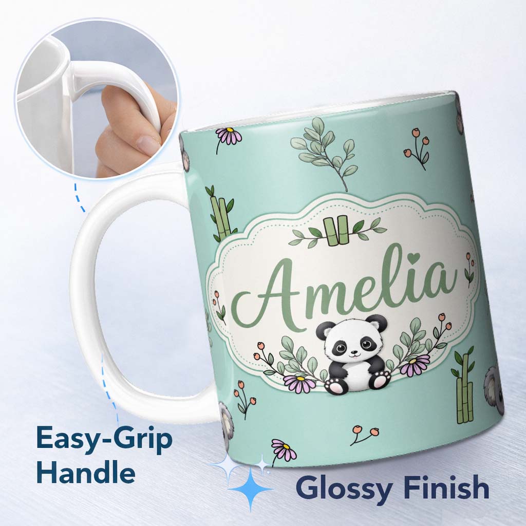 Personalized Custom Name Cute Panda Bamboo and Floral Minimal Seamless Pattern on Mint Green 11oz Ceramic Coffee Tea Mug White Large Handle