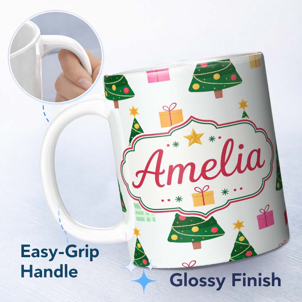 Personalized Custom Name Cute Christmas Tree Gift Box Festive Seamless Pattern 11oz Ceramic Coffee Tea Mug White Large Handle