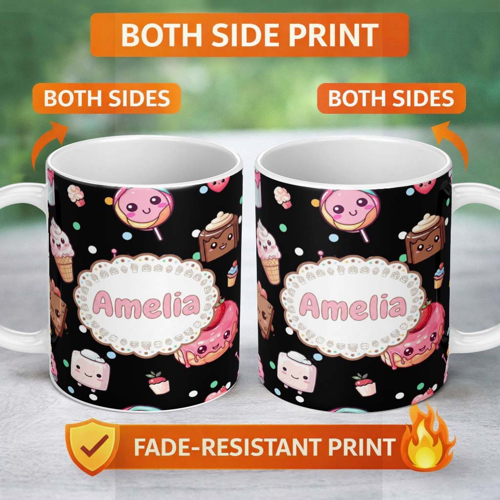 Personalized Custom Name Cute Kawaii Desserts Candy Cakes and Sweet Treat Characters Seamless 11oz Ceramic Coffee Tea Mug White Large Handle